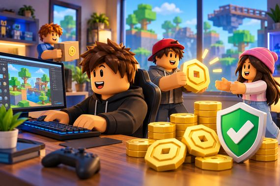 Roblox-style gaming scene with virtual coins, a computer, creator tools, gift elements, and account security symbols.