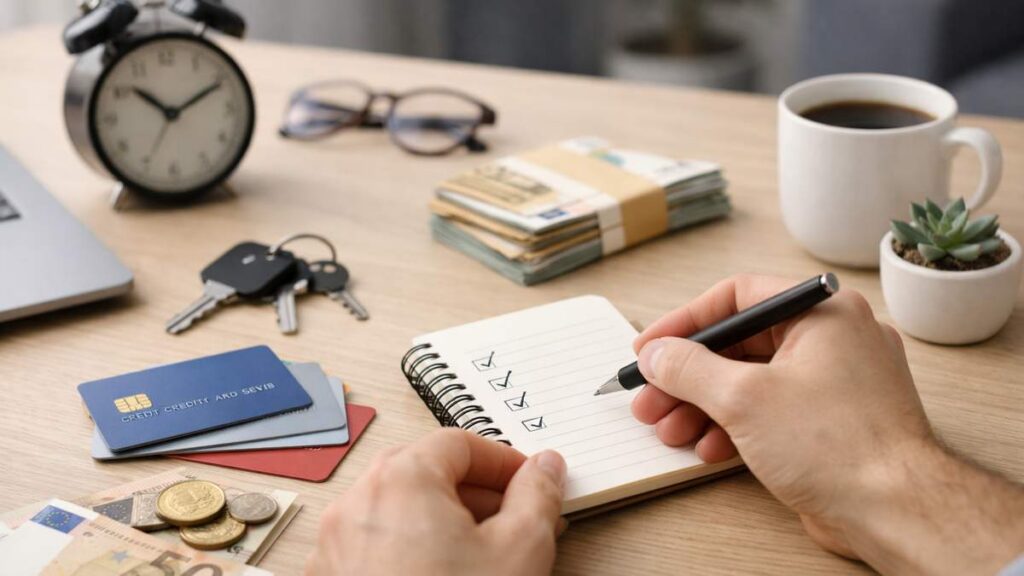 Manos sosteniendo tarjeta de crédito y calculadora sobre mesa con documentos financieros y bolígrafo azul