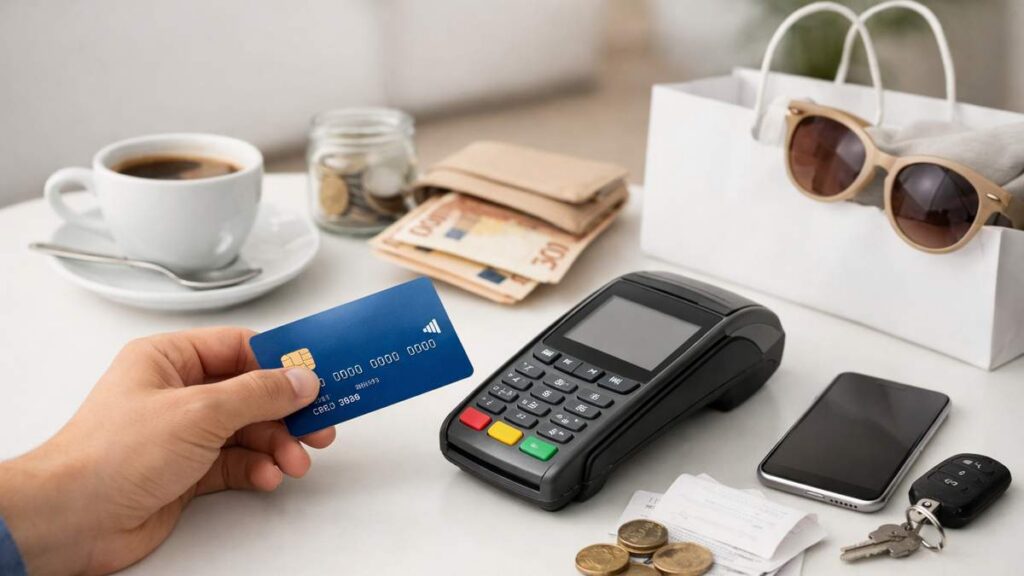 Mano sosteniendo una tarjeta de crédito frente a una computadora con compras online abiertas y luz cálida.