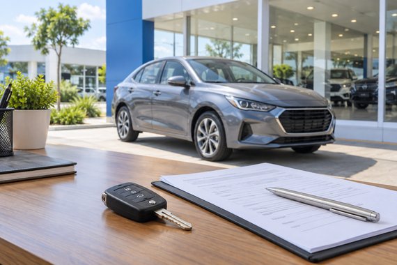 Automóvil nuevo frente a una agencia en México con un concepto visual de financiamiento sin enganche.