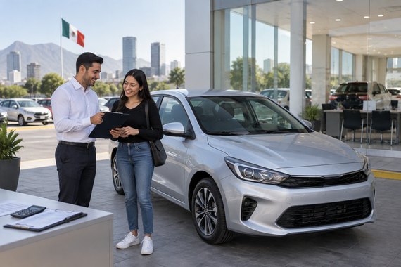 Automóvil moderno frente a una agencia en México representando una opción de financiamiento sin enganche.