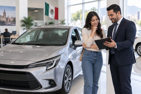 Automóvil moderno en una agencia de México con una propuesta visual relacionada con financiamiento sin enganche.