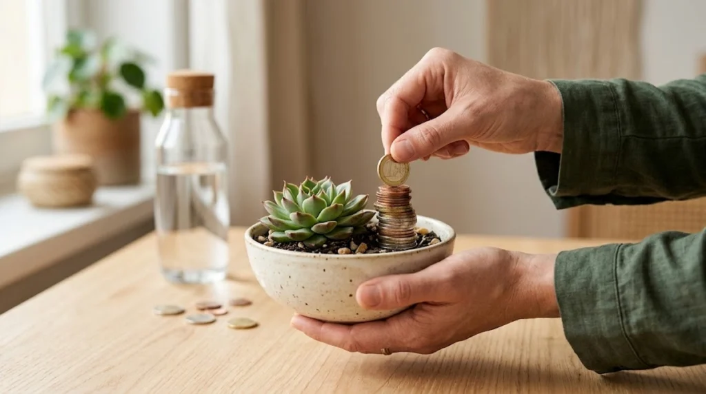 Person adding a coin to a stack in a bowl with a potted succulent plant on a desk.